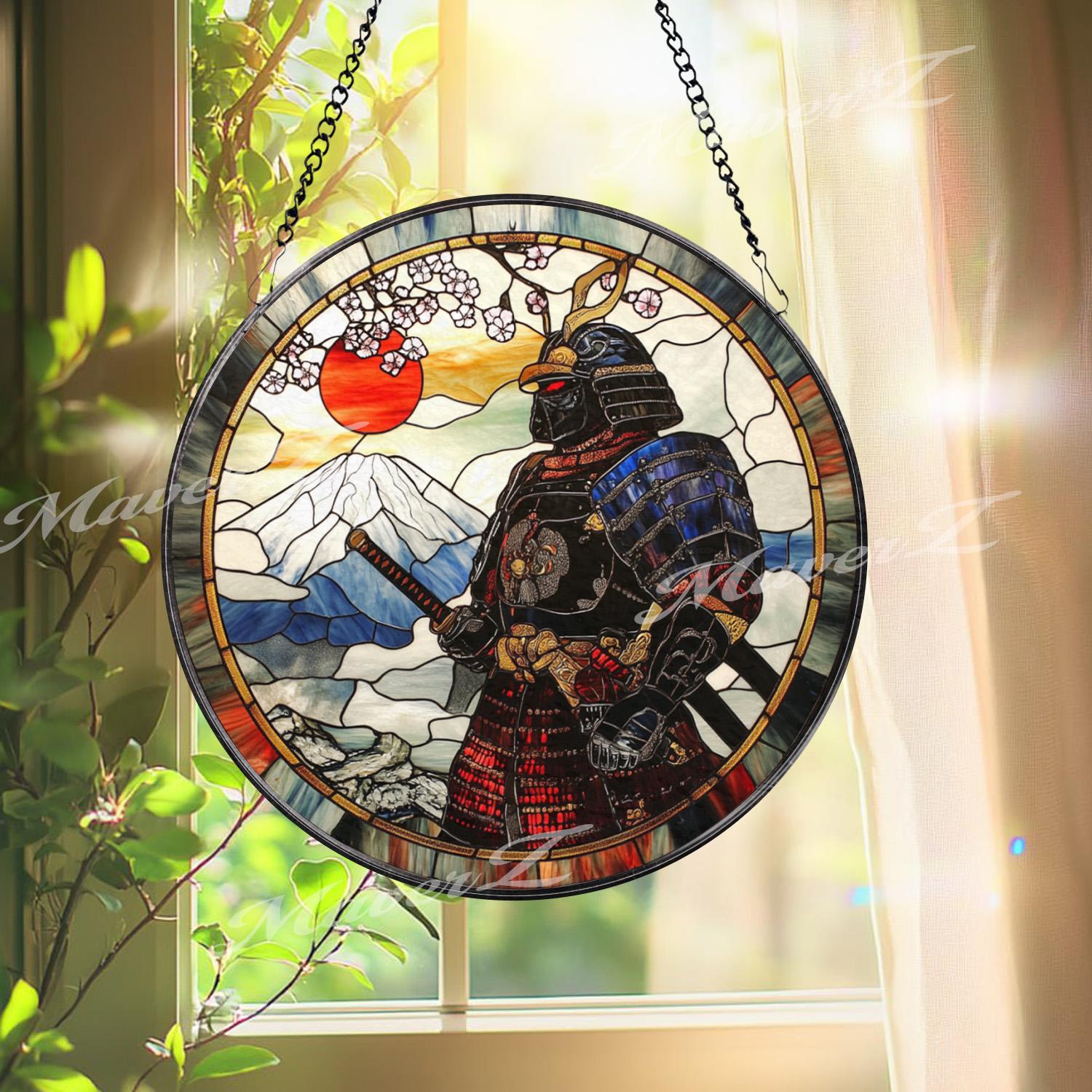 Japanese Samurai Stained Glass Suncatcher with Mount Fuji and Cherry Blossoms, Traditional Warrior Window Hanging Decor Gift