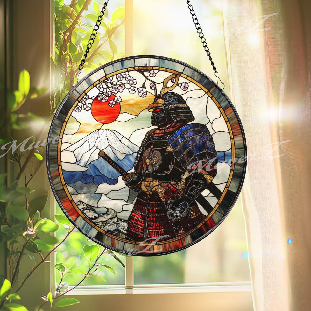 Japanese Samurai Stained Glass Suncatcher with Mount Fuji and Cherry Blossoms, Traditional Warrior Window Hanging Decor Gift