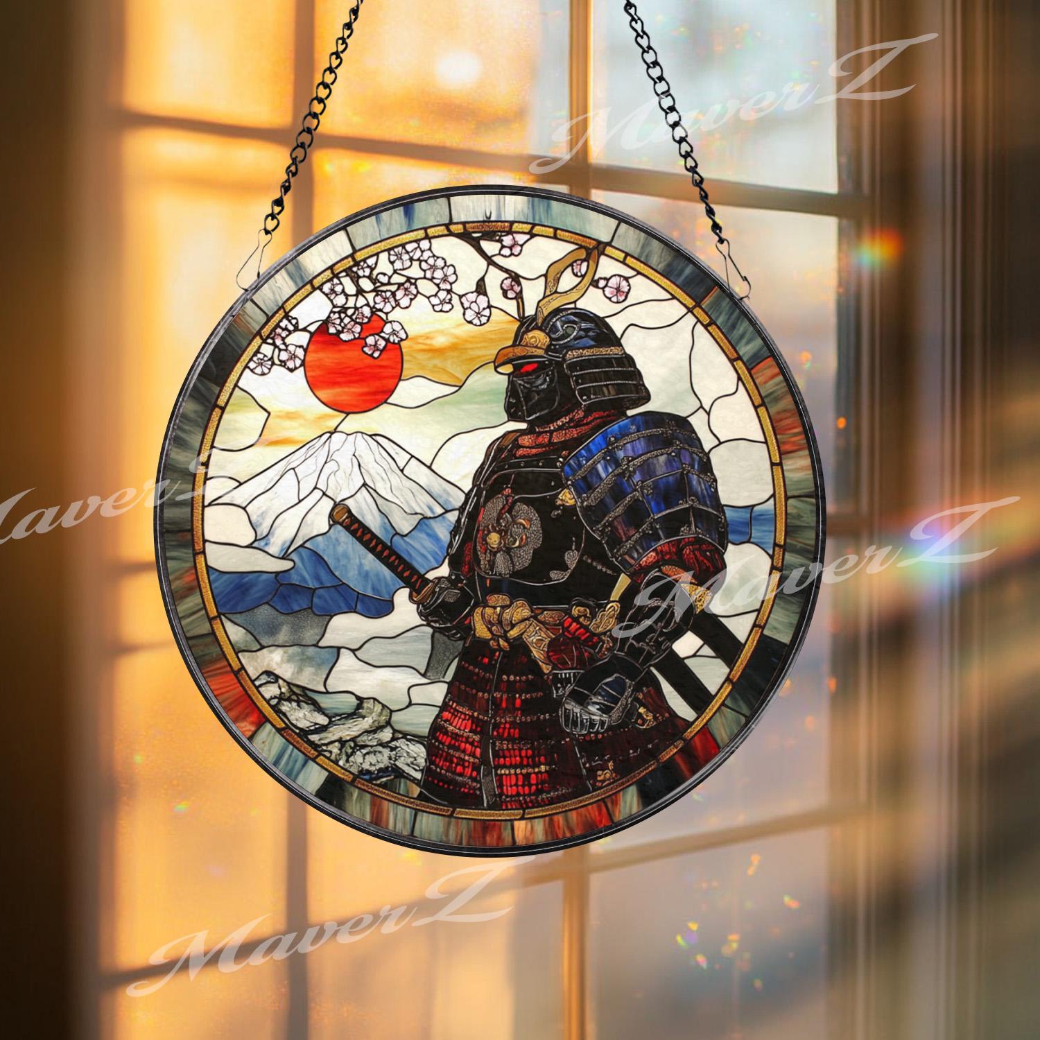 Japanese Samurai Stained Glass Suncatcher with Mount Fuji and Cherry Blossoms, Traditional Warrior Window Hanging Decor Gift