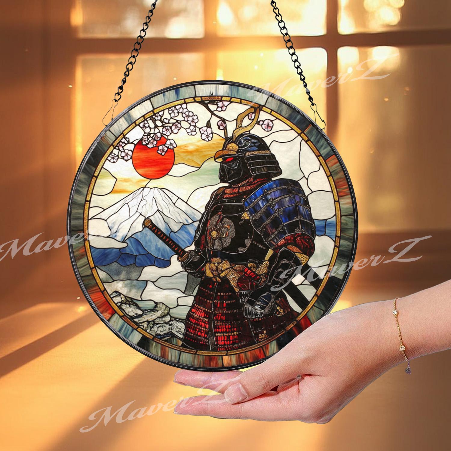 Japanese Samurai Stained Glass Suncatcher with Mount Fuji and Cherry Blossoms, Traditional Warrior Window Hanging Decor Gift
