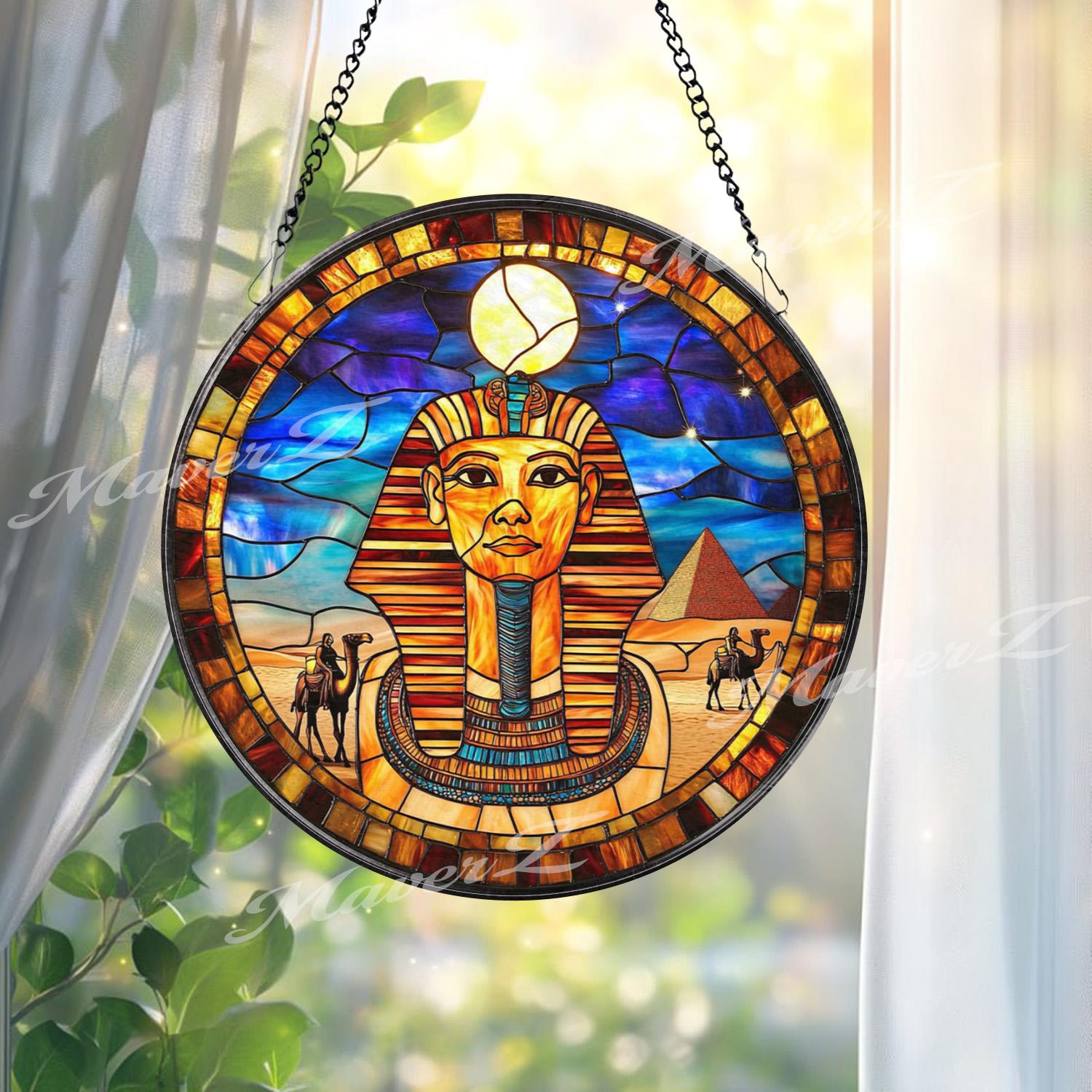 Ancient Egyptian Pharaoh Stained Glass Suncatcher, Pyramid and Camel Scene Window Panel, Cultural Wall Art Gift for History Lovers