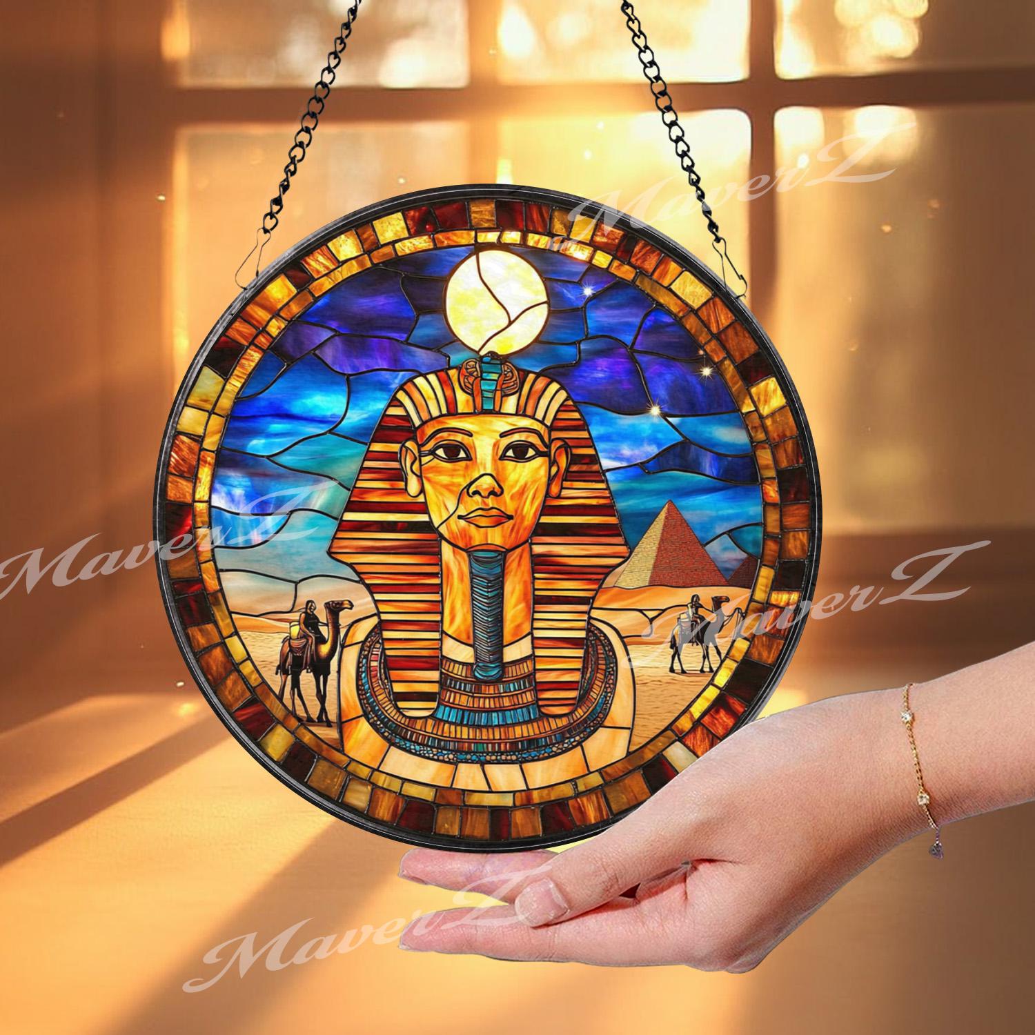 Ancient Egyptian Pharaoh Stained Glass Suncatcher, Pyramid and Camel Scene Window Panel, Cultural Wall Art Gift for History Lovers