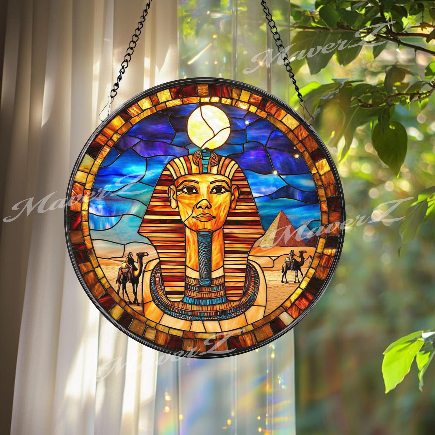 Ancient Egyptian Pharaoh Stained Glass Suncatcher, Pyramid and Camel Scene Window Panel, Cultural Wall Art Gift for History Lovers