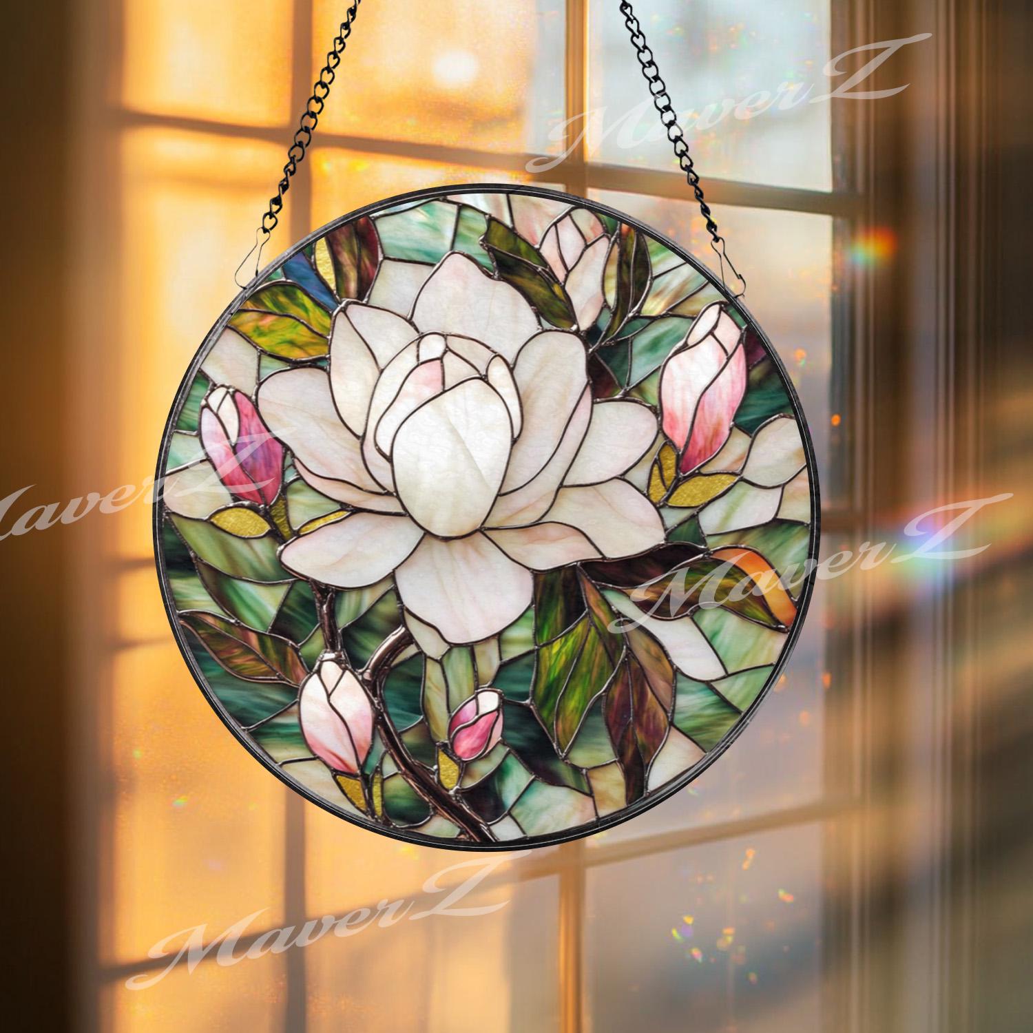 Elegant Magnolia Blossom Stained Glass Suncatcher, White and Pink Flower Window Panel, Floral Garden Hanging Gift for Her or Mom