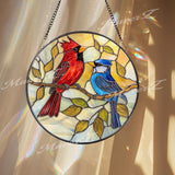 Cardinal and Blue Jay Stained Glass Suncatcher, Colorful Bird Window Hanging for Nature Lovers, Vibrant Floral Glass Panel