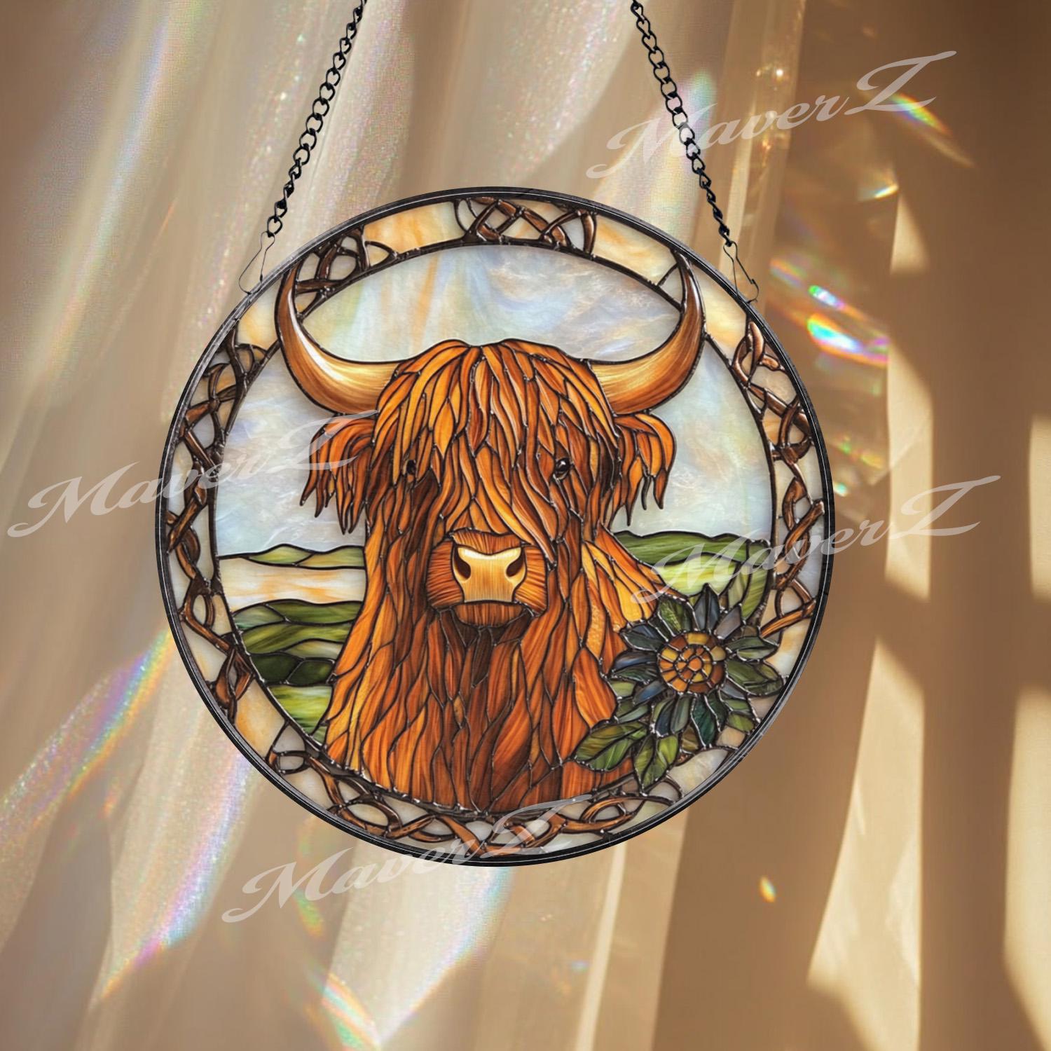 Rustic Highland Cow Stained Glass Suncatcher with Celtic Knot Border, Shaggy Scottish Farmhouse Window Art Gift for Animal Lovers