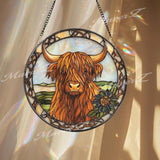 Rustic Highland Cow Stained Glass Suncatcher with Celtic Knot Border, Shaggy Scottish Farmhouse Window Art Gift for Animal Lovers