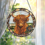 Rustic Highland Cow Stained Glass Suncatcher with Celtic Knot Border, Shaggy Scottish Farmhouse Window Art Gift for Animal Lovers