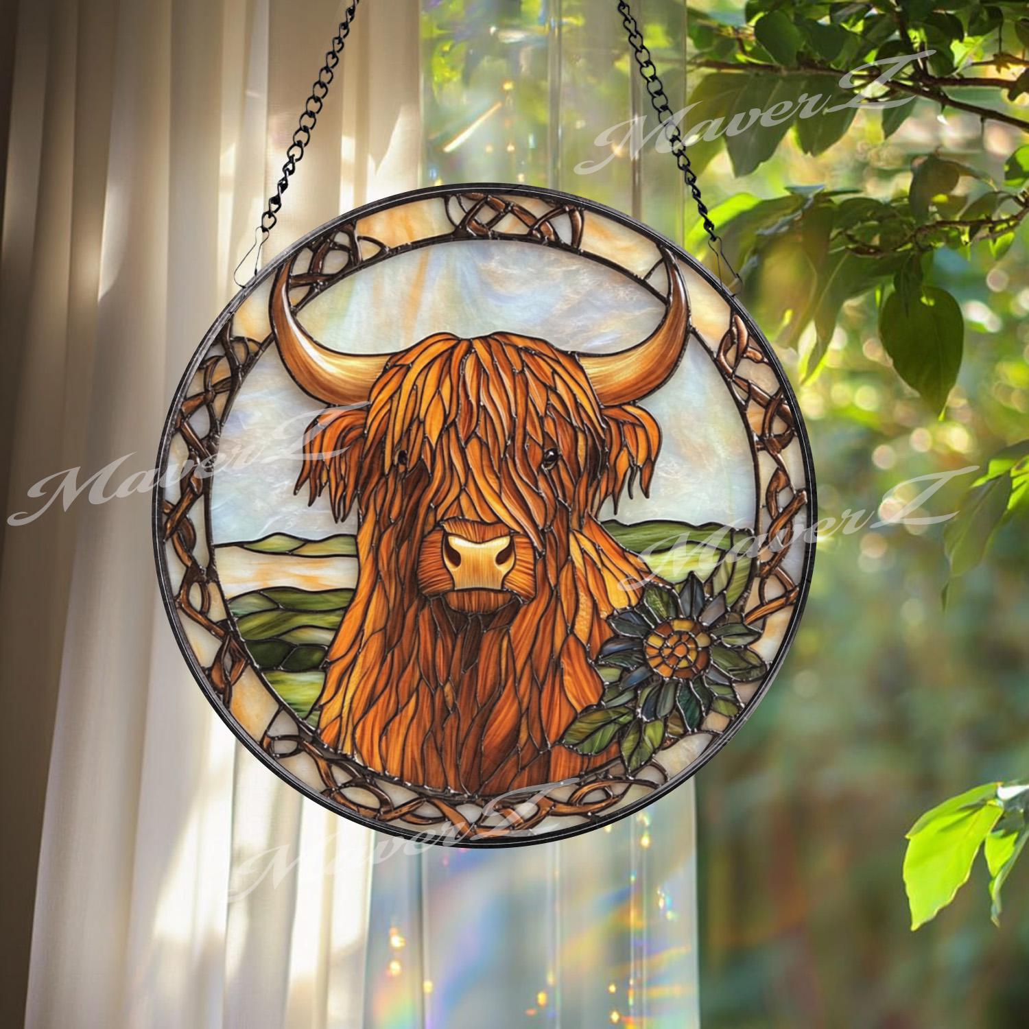 Rustic Highland Cow Stained Glass Suncatcher with Celtic Knot Border, Shaggy Scottish Farmhouse Window Art Gift for Animal Lovers