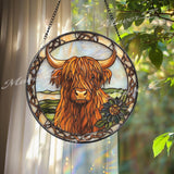 Rustic Highland Cow Stained Glass Suncatcher with Celtic Knot Border, Shaggy Scottish Farmhouse Window Art Gift for Animal Lovers