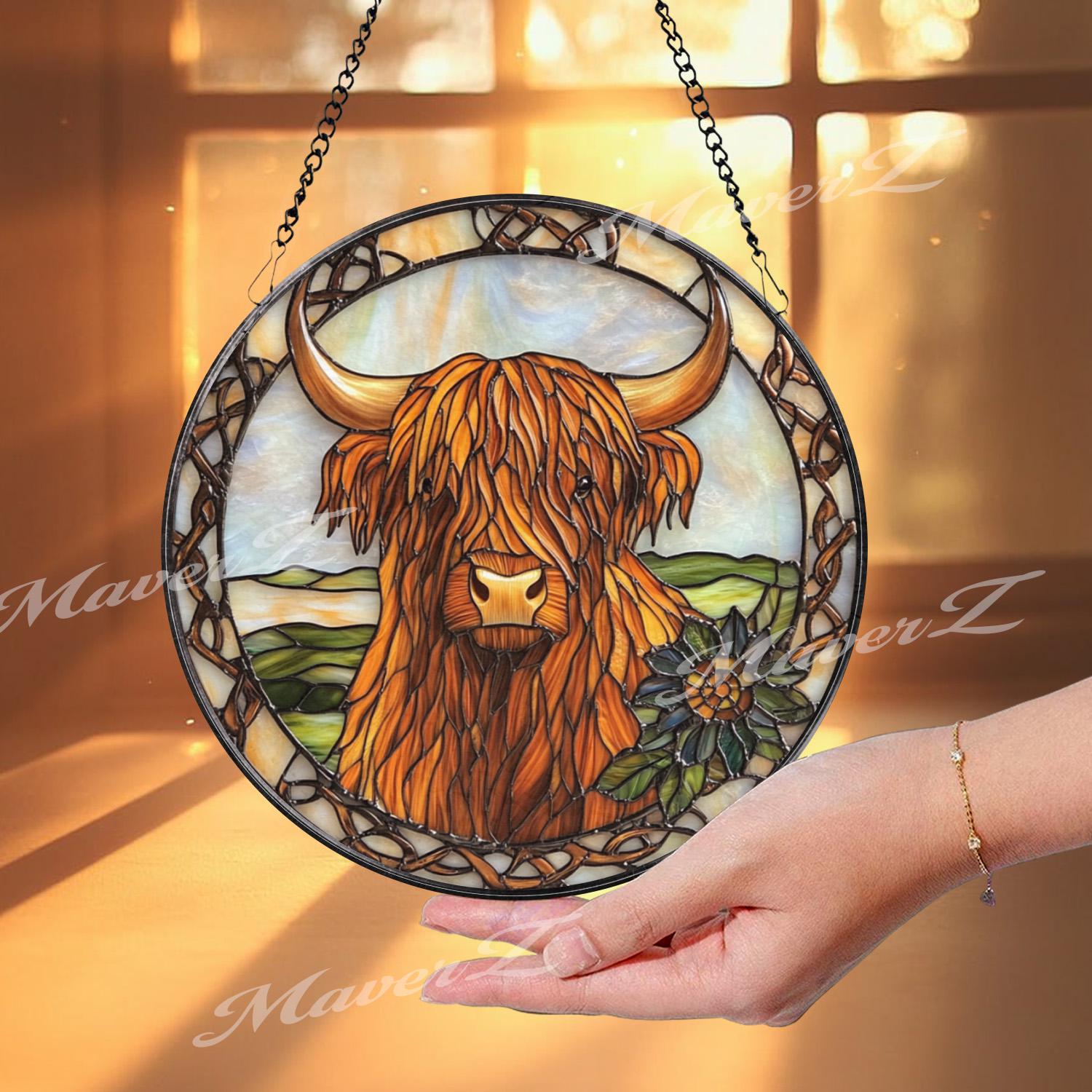 Rustic Highland Cow Stained Glass Suncatcher with Celtic Knot Border, Shaggy Scottish Farmhouse Window Art Gift for Animal Lovers