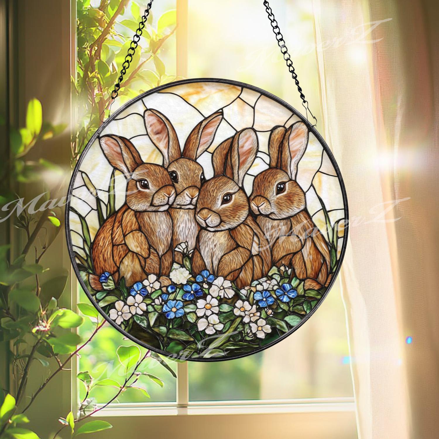 Four Bunny Rabbits Stained Glass Suncatcher, Cute Rabbit Family Window Hanging, Spring Garden Animal Decor, Easter Bunny Panel