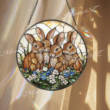 Four Bunny Rabbits Stained Glass Suncatcher, Cute Rabbit Family Window Hanging, Spring Garden Animal Decor, Easter Bunny Panel