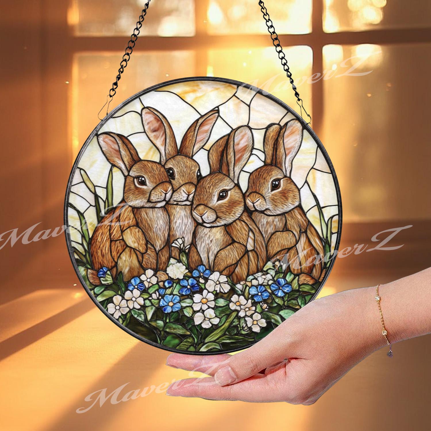 Four Bunny Rabbits Stained Glass Suncatcher, Cute Rabbit Family Window Hanging, Spring Garden Animal Decor, Easter Bunny Panel