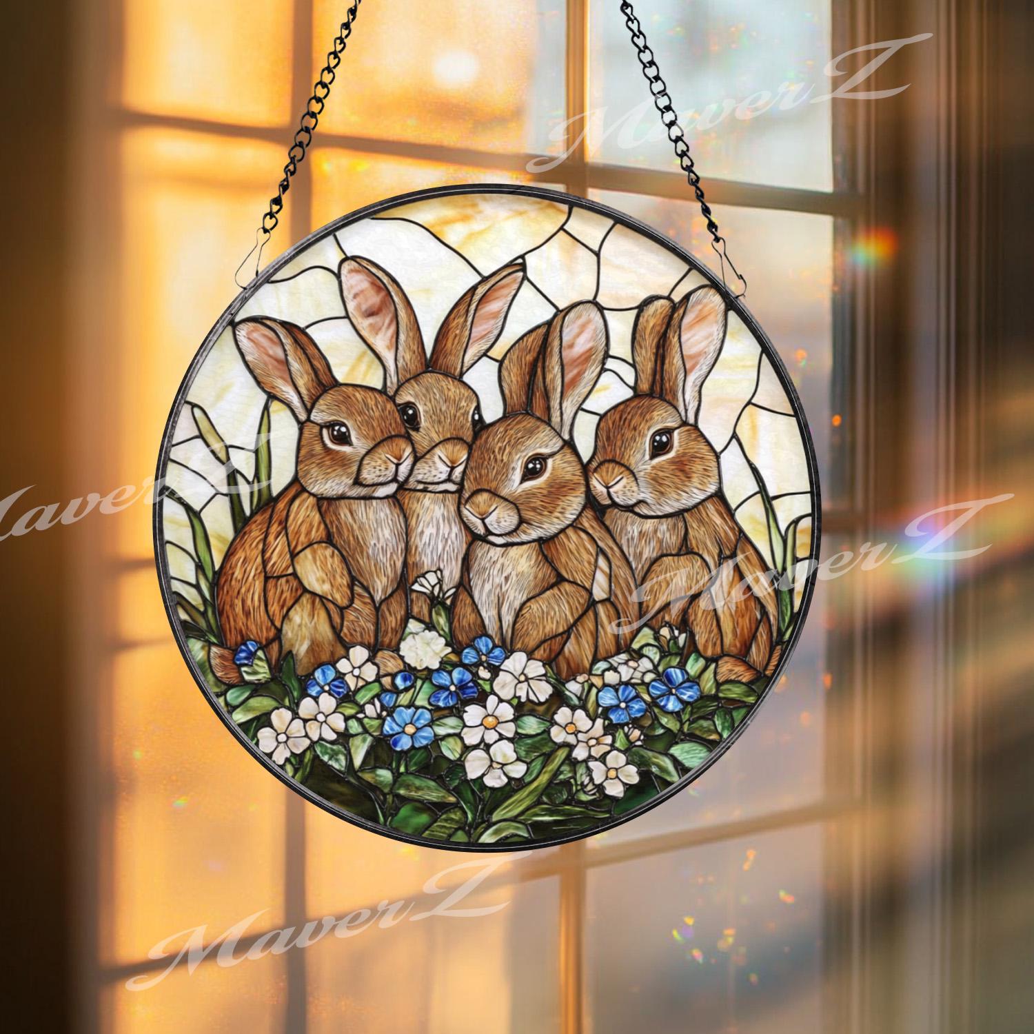 Four Bunny Rabbits Stained Glass Suncatcher, Cute Rabbit Family Window Hanging, Spring Garden Animal Decor, Easter Bunny Panel