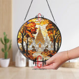 Autumn Temple Stained Glass Suncatcher, Asian Pagoda Window Hanging, Fall Foliage Spiritual Decor, Sacred Nature Art Panel