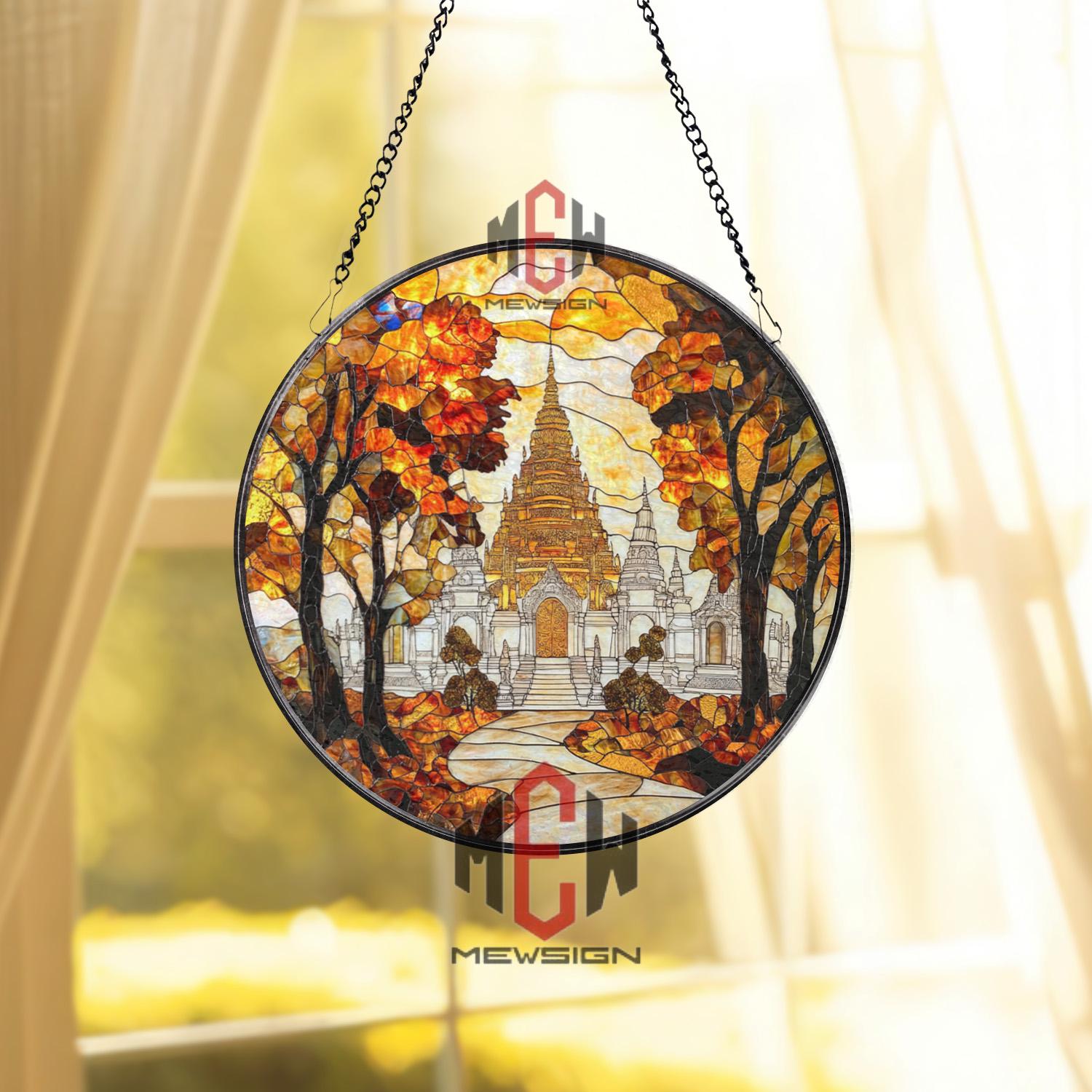 Autumn Temple Stained Glass Suncatcher, Asian Pagoda Window Hanging, Fall Foliage Spiritual Decor, Sacred Nature Art Panel