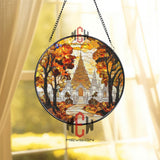 Autumn Temple Stained Glass Suncatcher, Asian Pagoda Window Hanging, Fall Foliage Spiritual Decor, Sacred Nature Art Panel