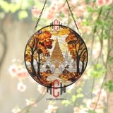 Autumn Temple Stained Glass Suncatcher, Asian Pagoda Window Hanging, Fall Foliage Spiritual Decor, Sacred Nature Art Panel
