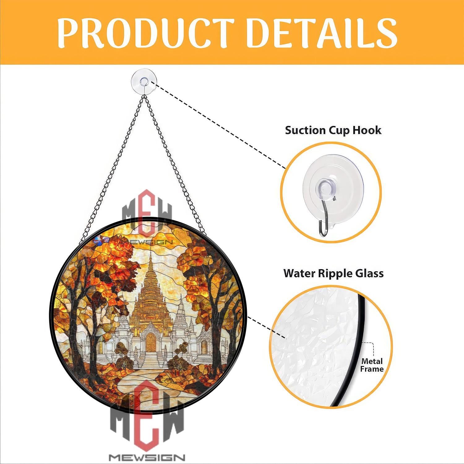Autumn Temple Stained Glass Suncatcher, Asian Pagoda Window Hanging, Fall Foliage Spiritual Decor, Sacred Nature Art Panel