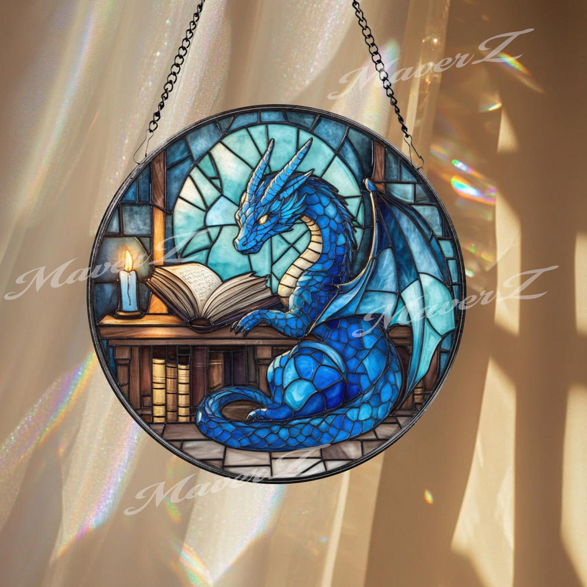 Blue Dragon Reading Book Stained Glass Suncatcher, Enchanted Fantasy Library Window Decor, Magical Creature Gift for Book Lovers & RPG Fans