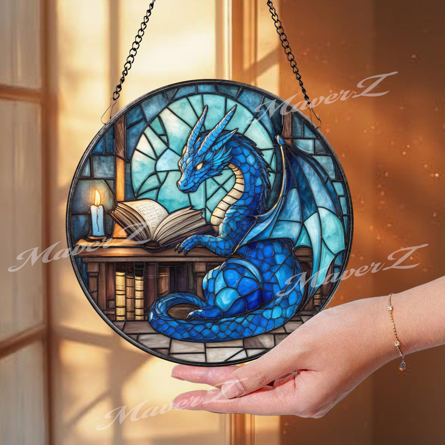 Blue Dragon Reading Book Stained Glass Suncatcher, Enchanted Fantasy Library Window Decor, Magical Creature Gift for Book Lovers & RPG Fans