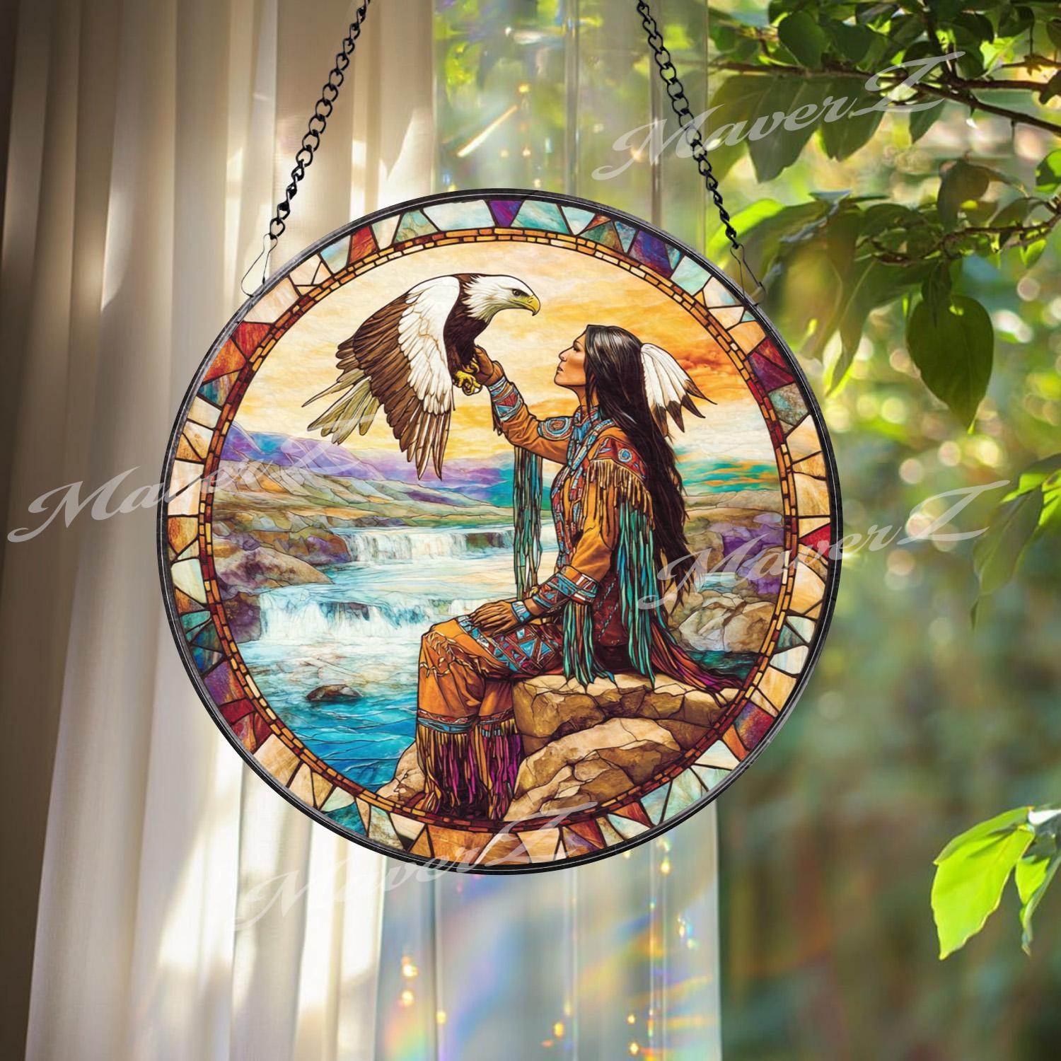 Native American Woman and Eagle Stained Glass Suncatcher, Spirit Animal Window Art, Cultural Nature Decor Gift for Home