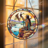Native American Woman and Eagle Stained Glass Suncatcher, Spirit Animal Window Art, Cultural Nature Decor Gift for Home