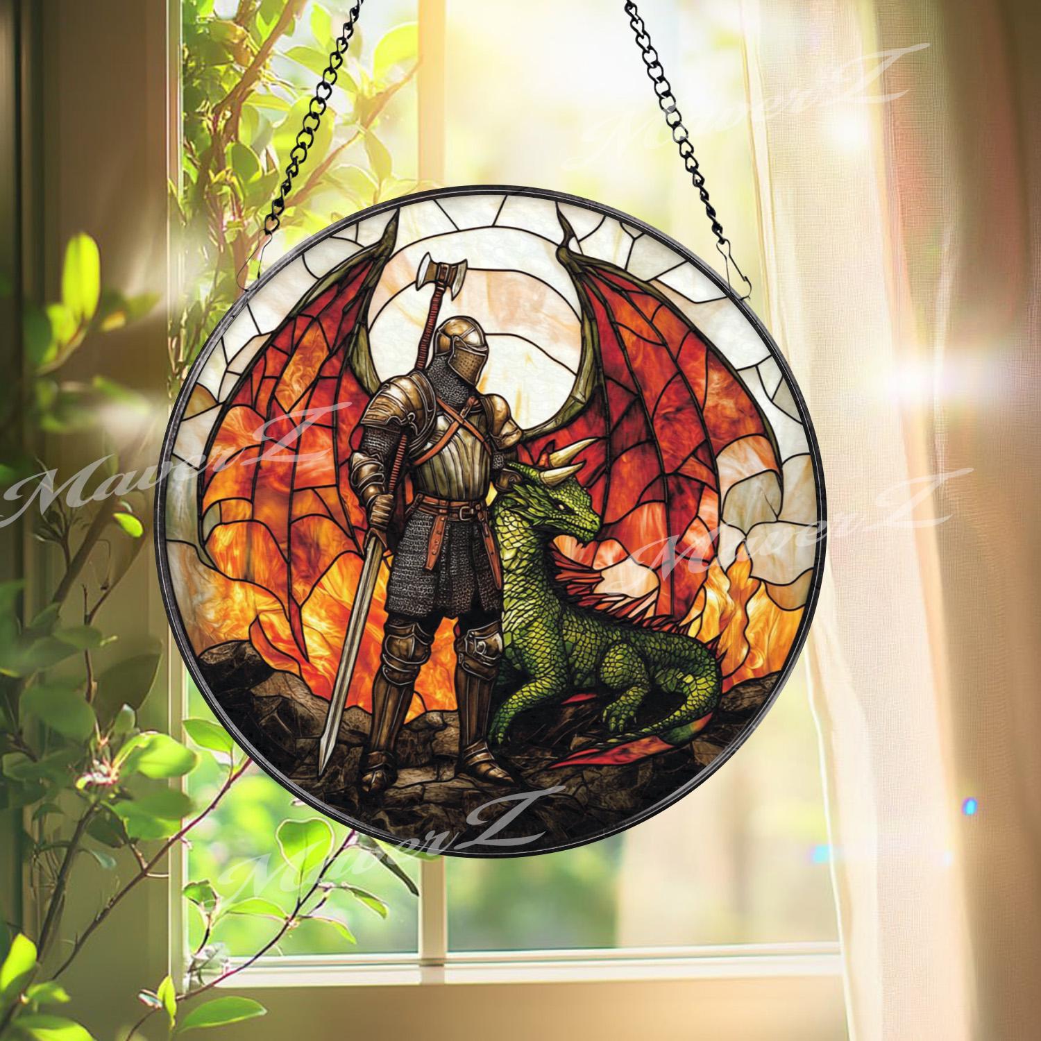 Knight and Dragon Stained Glass Suncatcher, Medieval Fantasy Window Hanging, Warrior Guardian Decor for Fantasy Lover Gift