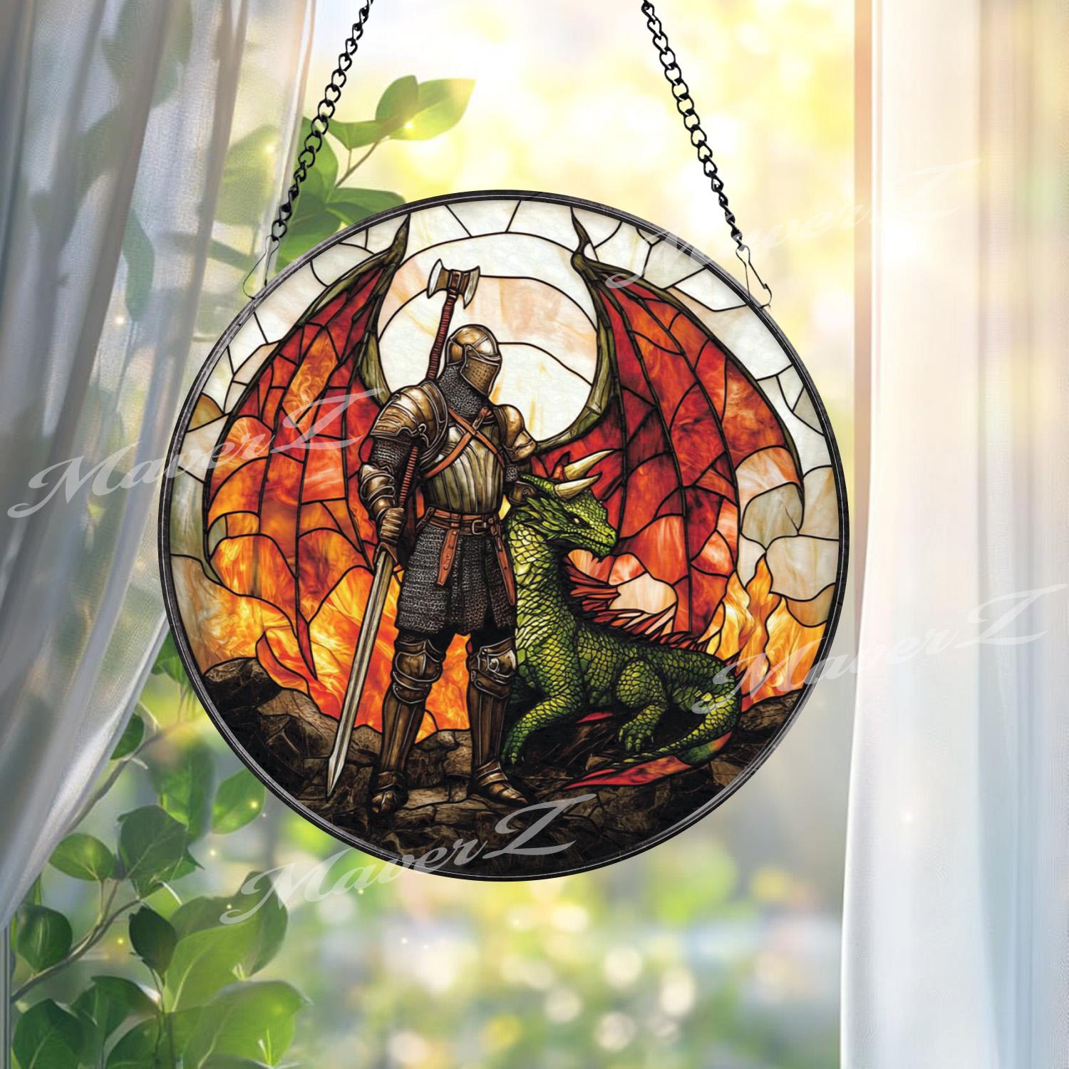 Knight and Dragon Stained Glass Suncatcher, Medieval Fantasy Window Hanging, Warrior Guardian Decor for Fantasy Lover Gift