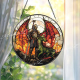 Knight and Dragon Stained Glass Suncatcher, Medieval Fantasy Window Hanging, Warrior Guardian Decor for Fantasy Lover Gift