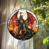 Knight and Dragon Stained Glass Suncatcher, Medieval Fantasy Window Hanging, Warrior Guardian Decor for Fantasy Lover Gift