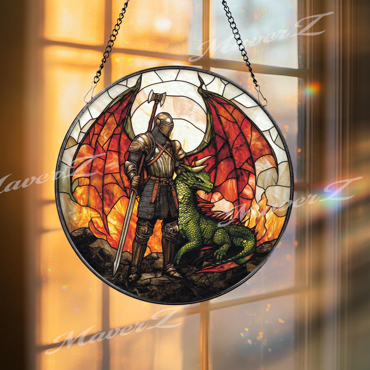 Knight and Dragon Stained Glass Suncatcher, Medieval Fantasy Window Hanging, Warrior Guardian Decor for Fantasy Lover Gift