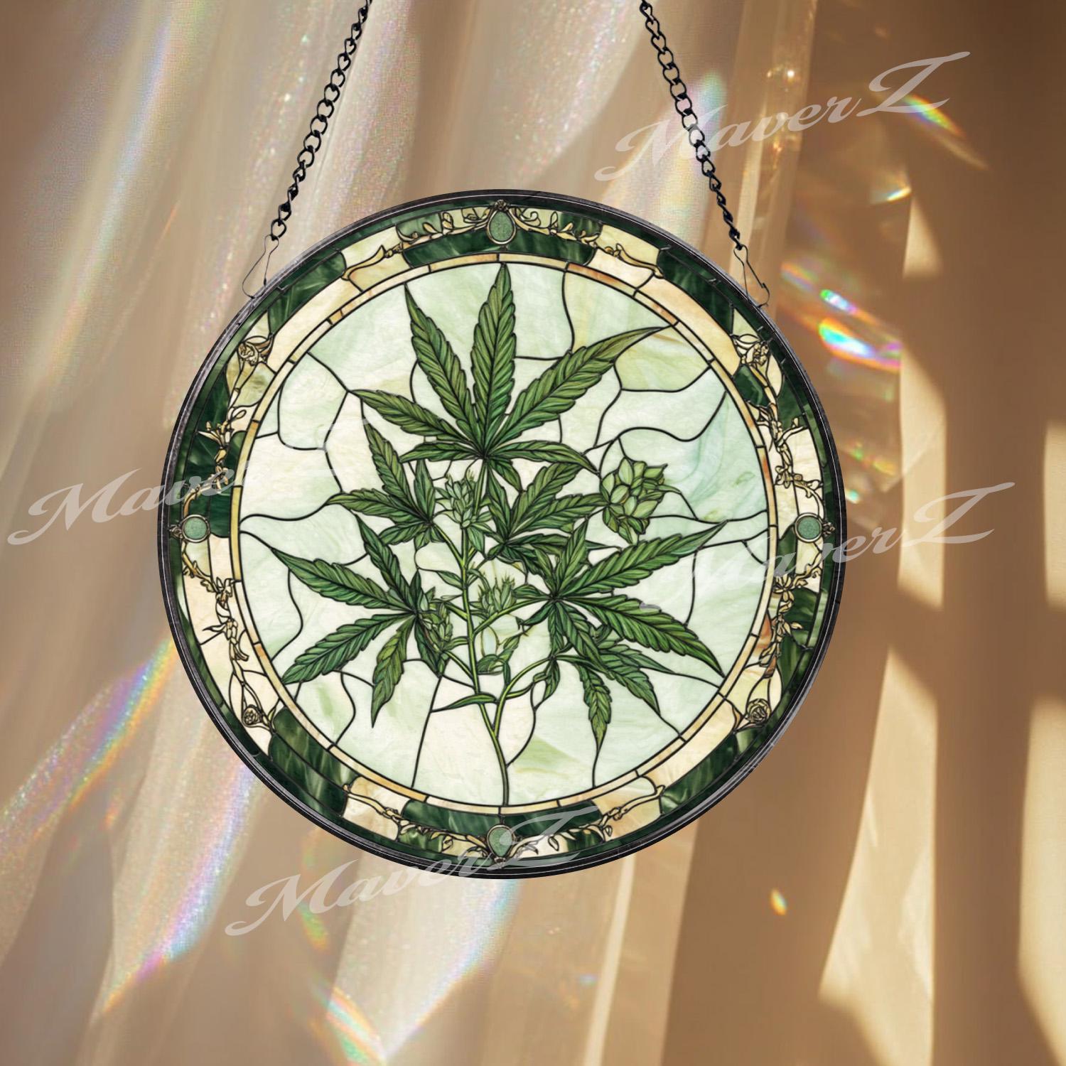 Marijuana Leaf Stained Glass Suncatcher, Cannabis Plant Window Hanging, Stoner Home Decor, Unique Gift for Weed Lover