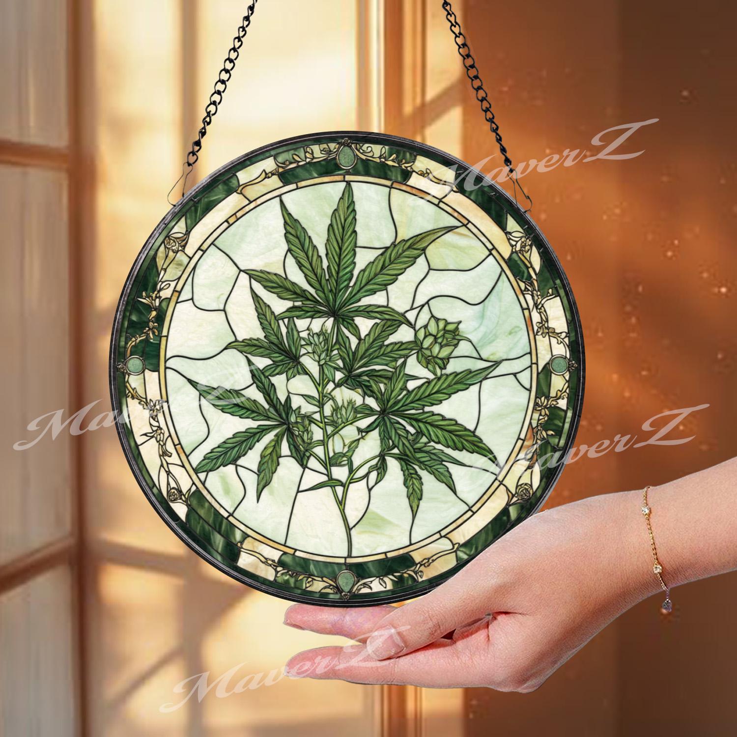 Marijuana Leaf Stained Glass Suncatcher, Cannabis Plant Window Hanging, Stoner Home Decor, Unique Gift for Weed Lover