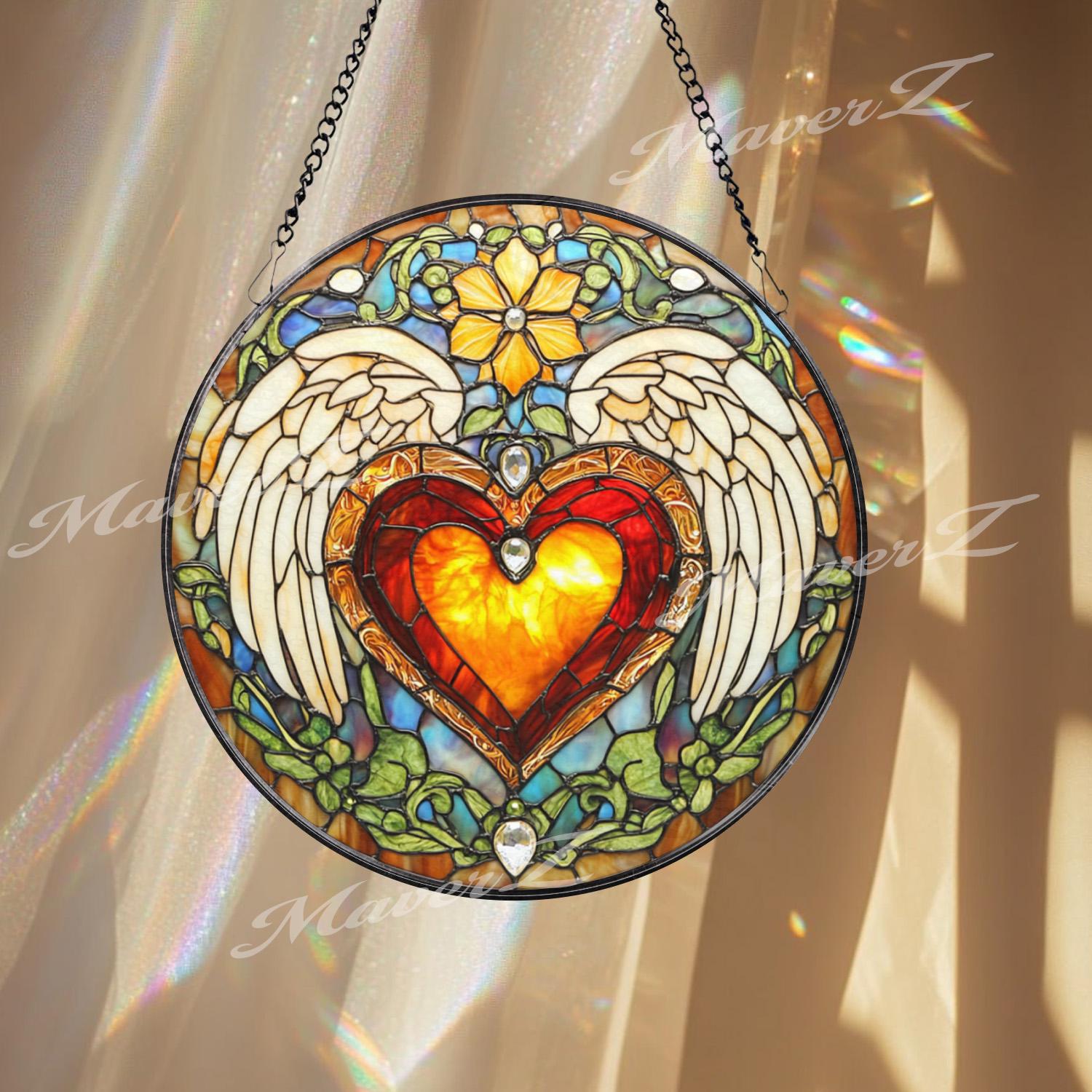 Angel Heart Stained Glass Suncatcher, Winged Love Window Hanging, Romantic Celestial Decor Gift for Valentine or Anniversary