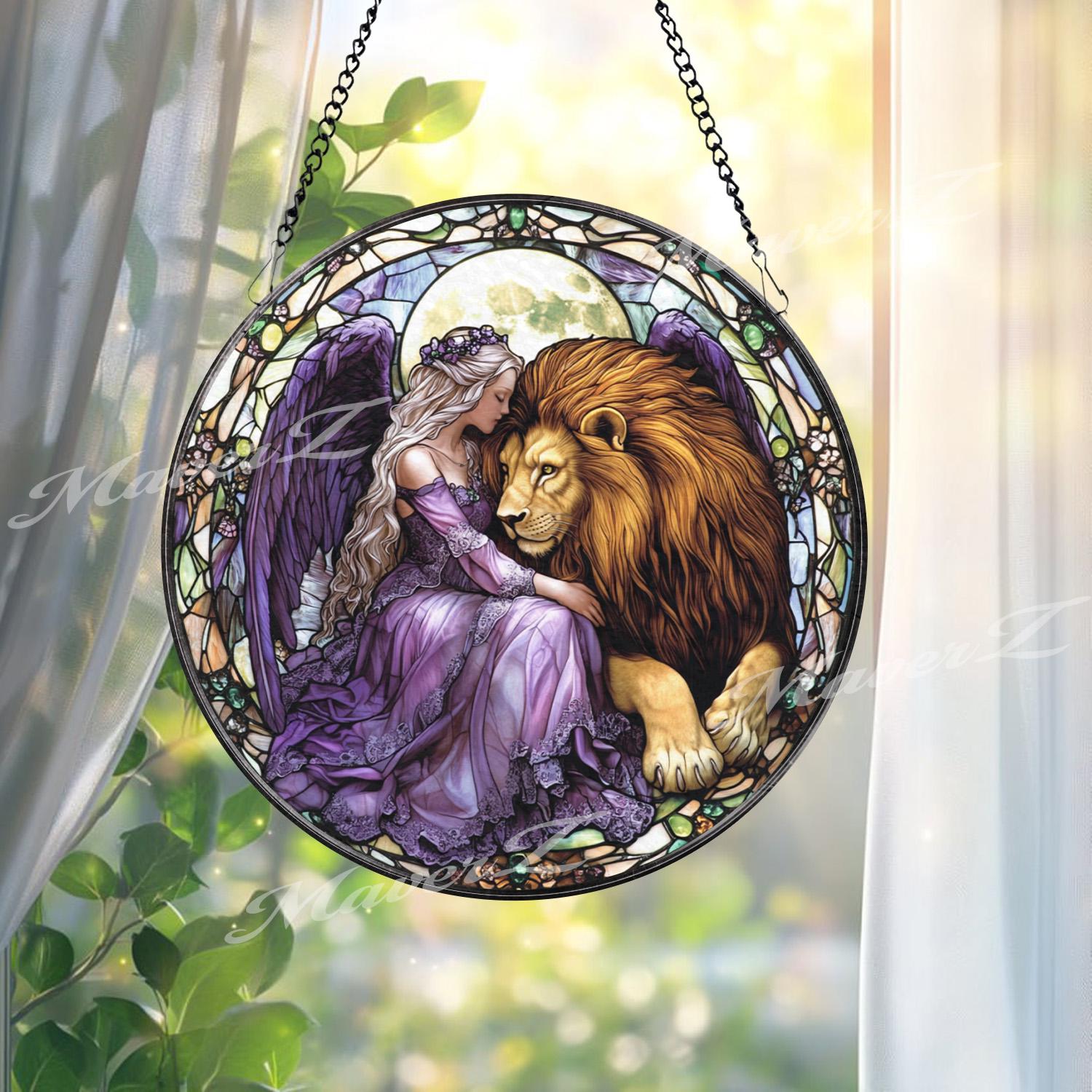 Fairy and Lion Stained Glass Suncatcher, Enchanted Purple Angel Window Decor, Fantasy Creature Art Gift for Her or Nature Lovers