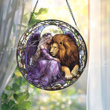 Fairy and Lion Stained Glass Suncatcher, Enchanted Purple Angel Window Decor, Fantasy Creature Art Gift for Her or Nature Lovers
