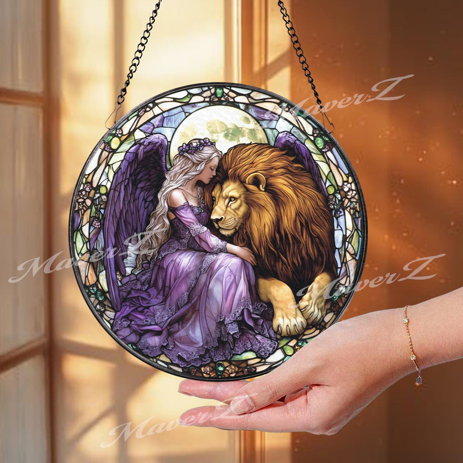 Fairy and Lion Stained Glass Suncatcher, Enchanted Purple Angel Window Decor, Fantasy Creature Art Gift for Her or Nature Lovers
