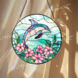 Dolphin Stained Glass Suncatcher with Pink Flowers, Ocean Themed Window Hanging, Coastal Marine Decor Gift for Beach Lover