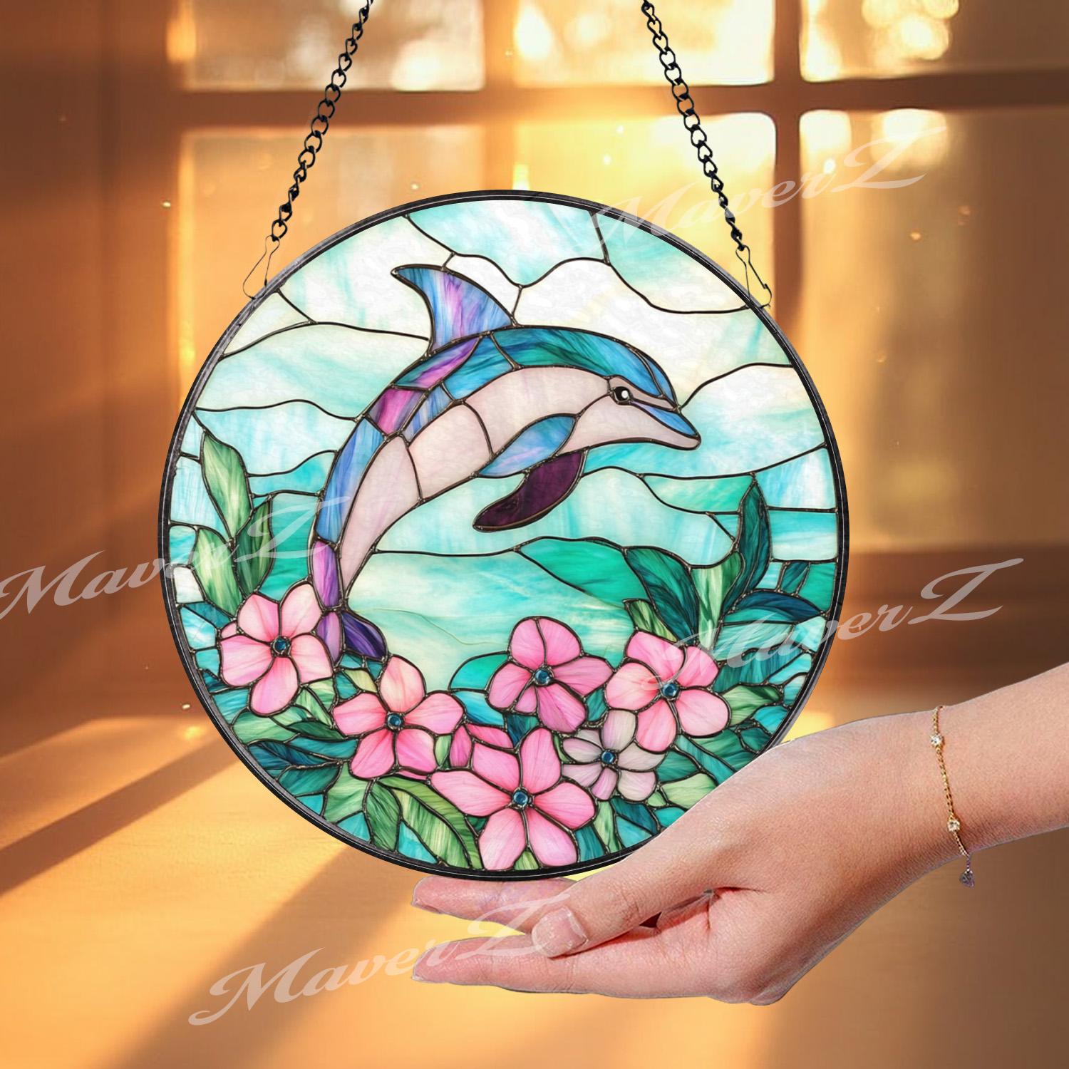 Dolphin Stained Glass Suncatcher with Pink Flowers, Ocean Themed Window Hanging, Coastal Marine Decor Gift for Beach Lover
