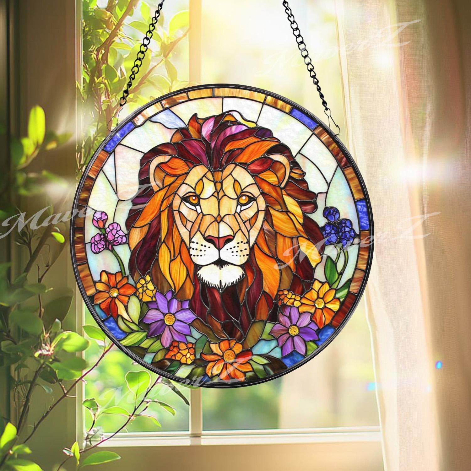 Majestic Lion Stained Glass Suncatcher, Vibrant Jungle King Window Decor, Regal Wildlife Art Gift for Animal Lovers and Nature Homes