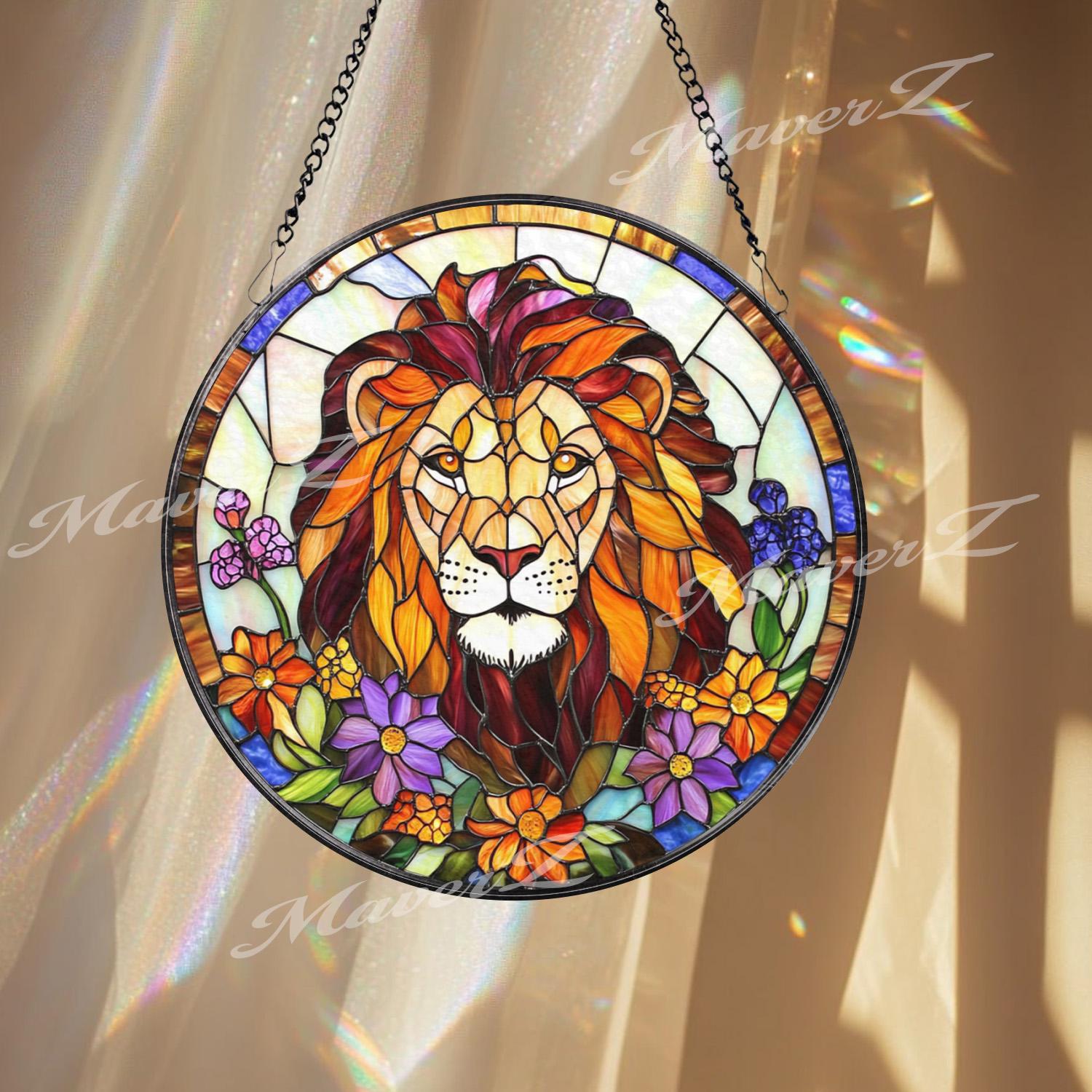 Majestic Lion Stained Glass Suncatcher, Vibrant Jungle King Window Decor, Regal Wildlife Art Gift for Animal Lovers and Nature Homes