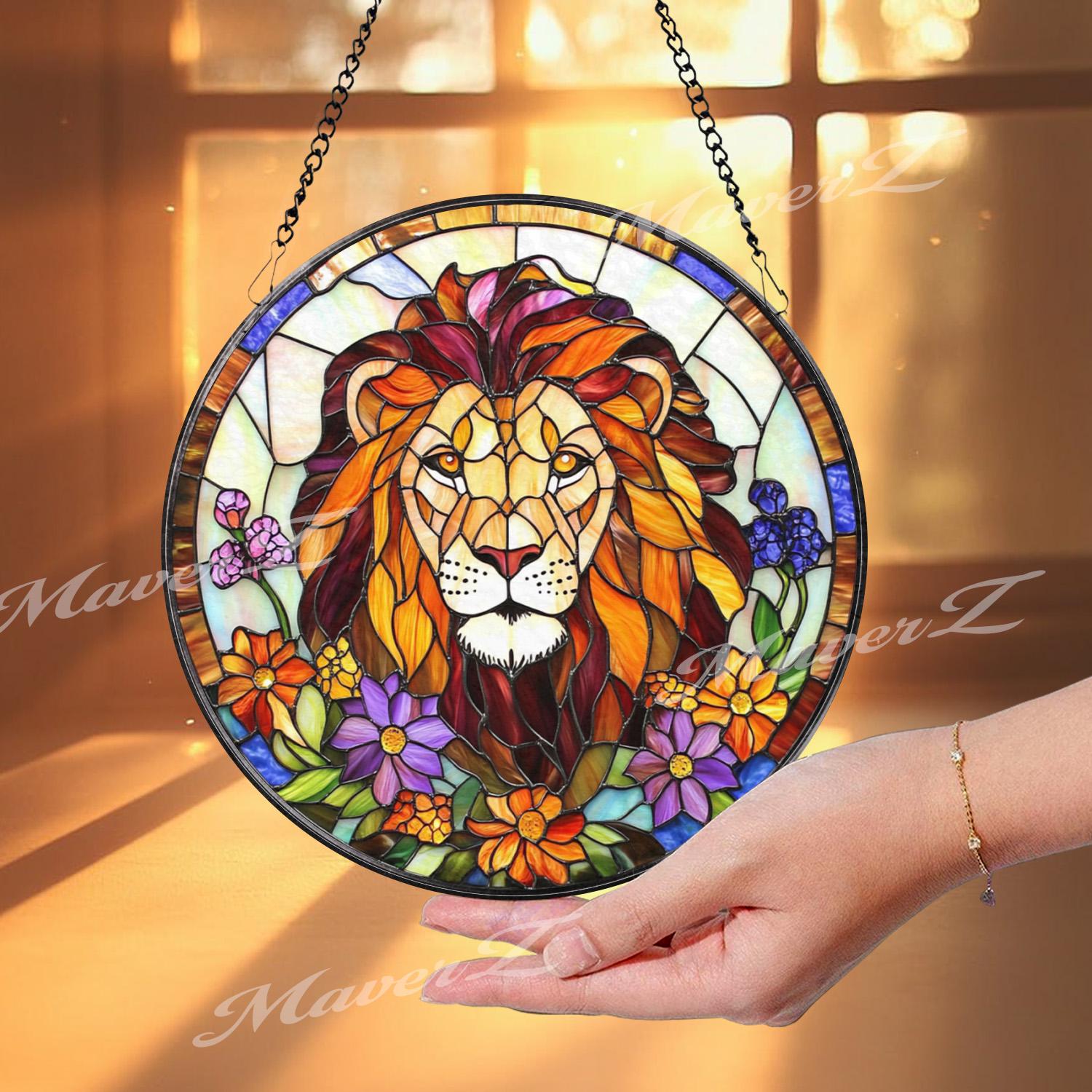 Majestic Lion Stained Glass Suncatcher, Vibrant Jungle King Window Decor, Regal Wildlife Art Gift for Animal Lovers and Nature Homes