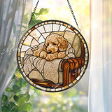 Cozy Dog Stained Glass Suncatcher, Curled Pup on Armchair Window Panel, Warm Rustic Pet Decor Gift for Dog Lovers and Home Comfort