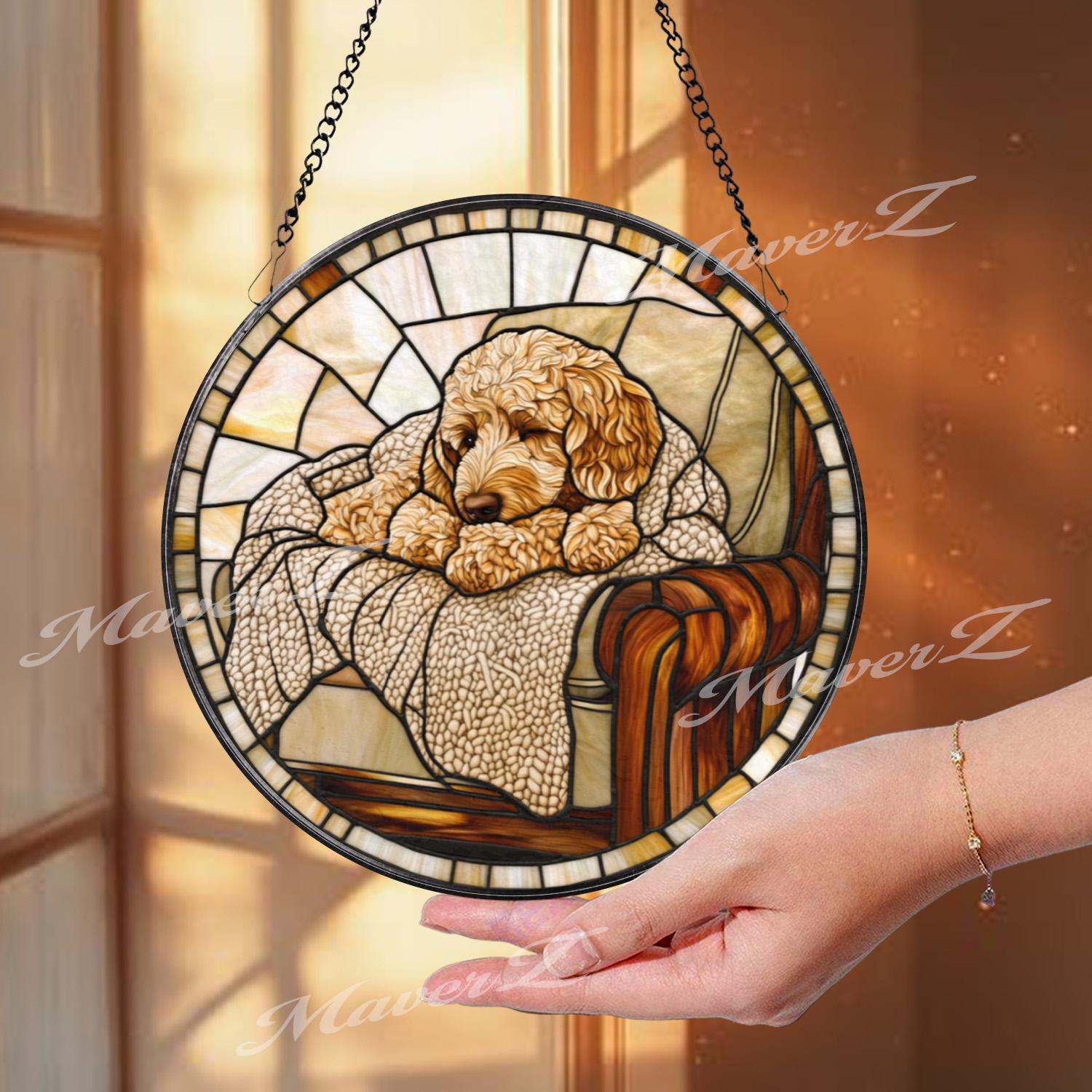 Cozy Dog Stained Glass Suncatcher, Curled Pup on Armchair Window Panel, Warm Rustic Pet Decor Gift for Dog Lovers and Home Comfort