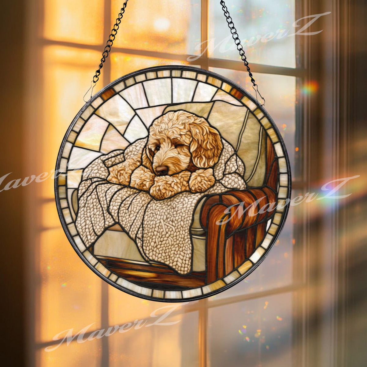 Cozy Dog Stained Glass Suncatcher, Curled Pup on Armchair Window Panel, Warm Rustic Pet Decor Gift for Dog Lovers and Home Comfort