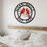 Personalized Cardinal Couple Metal Sign, Custom Name Bird Wall Art with EST Date, Winter Love Gift, Anniversary or Wedding Decor