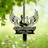Guitar Memorial Garden Stake with Angel Wings, Personalized In Loving Memory Grave Marker for Music Lovers