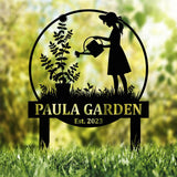Personalized Garden Name Sign with Girl Watering Plants, Custom Metal Yard Stake, Outdoor Garden Decor Gift for Her or Mom